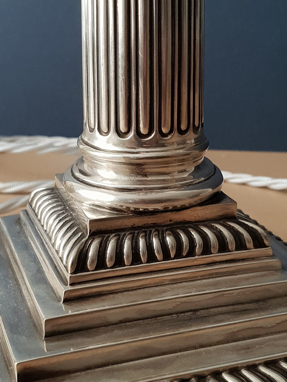 Hall & Co Silver Plated Corinthian Column Table Lamp, Rewired and PAT tested  View III