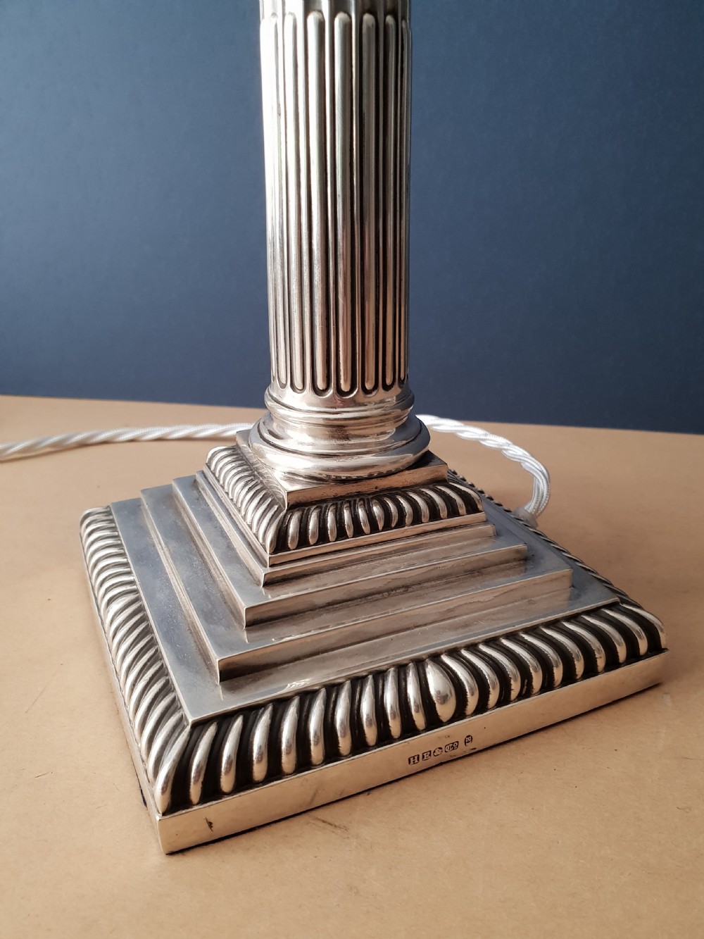 Hall & Co Silver Plated Corinthian Column Table Lamp, Rewired and PAT tested  View VI