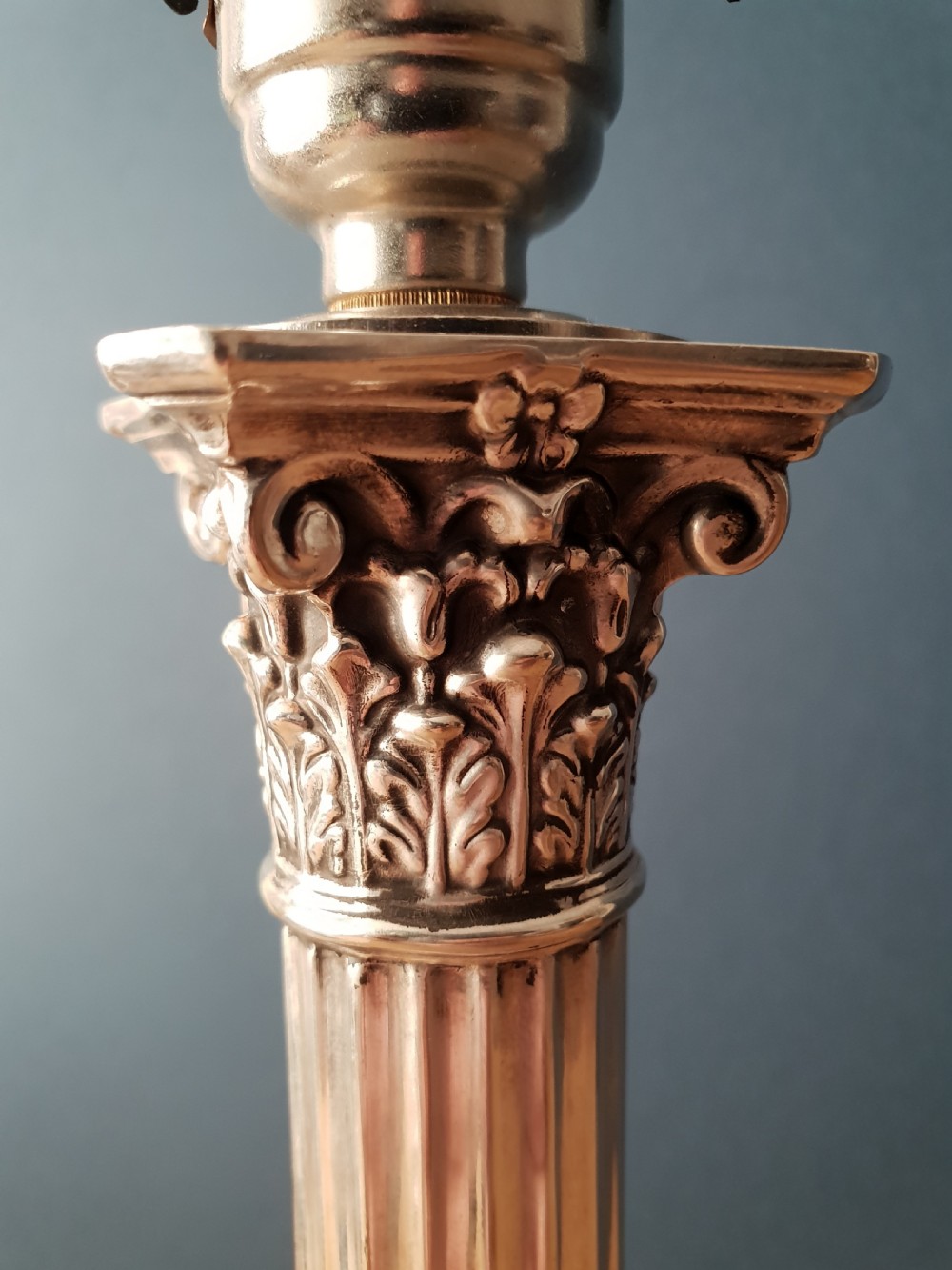 Hall & Co Silver Plated Corinthian Column Table Lamp, Rewired and PAT tested  View IX