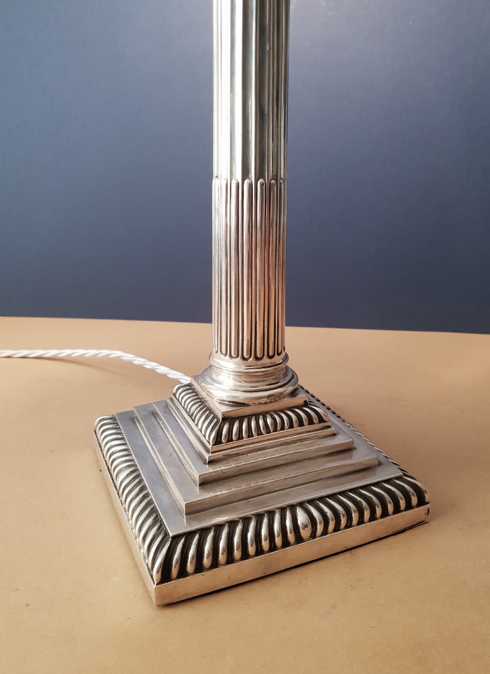 Hall & Co Silver Plated Corinthian Column Table Lamp, Rewired and PAT tested  View XI