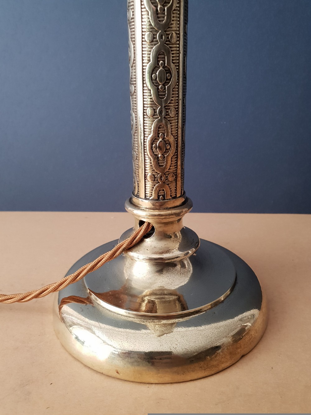 Decorated Brass Column Table Lamp, Rewired and PAT tested  View IV