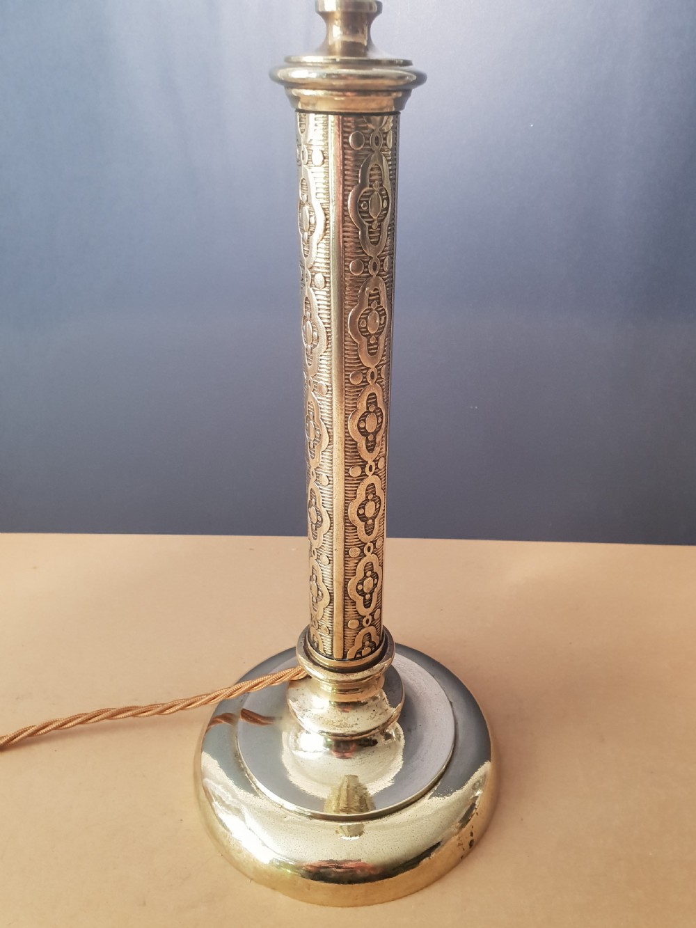 Decorated Brass Column Table Lamp, Rewired and PAT tested  View VI