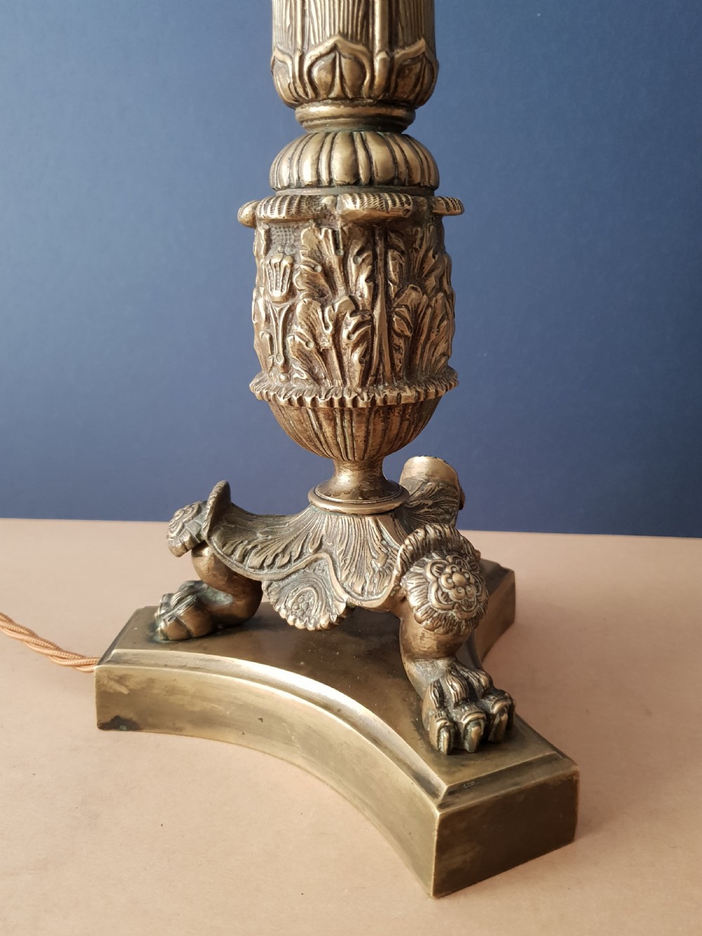 Victorian Brass Column Table Lamp with Decorated Claw Feet, Rewired and PAT tested  View VII