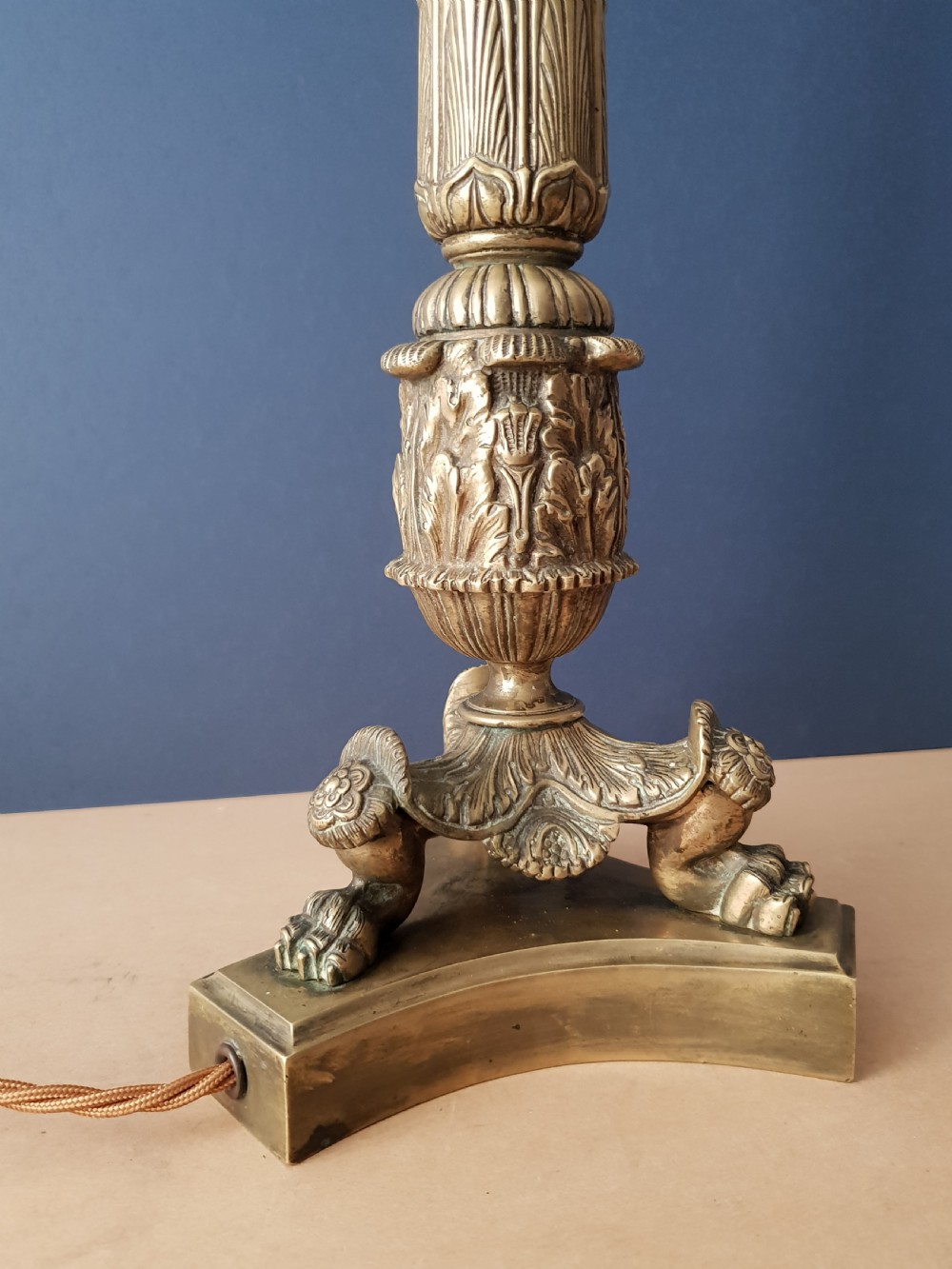 Victorian Brass Column Table Lamp with Decorated Claw Feet, Rewired and PAT tested  View VIII