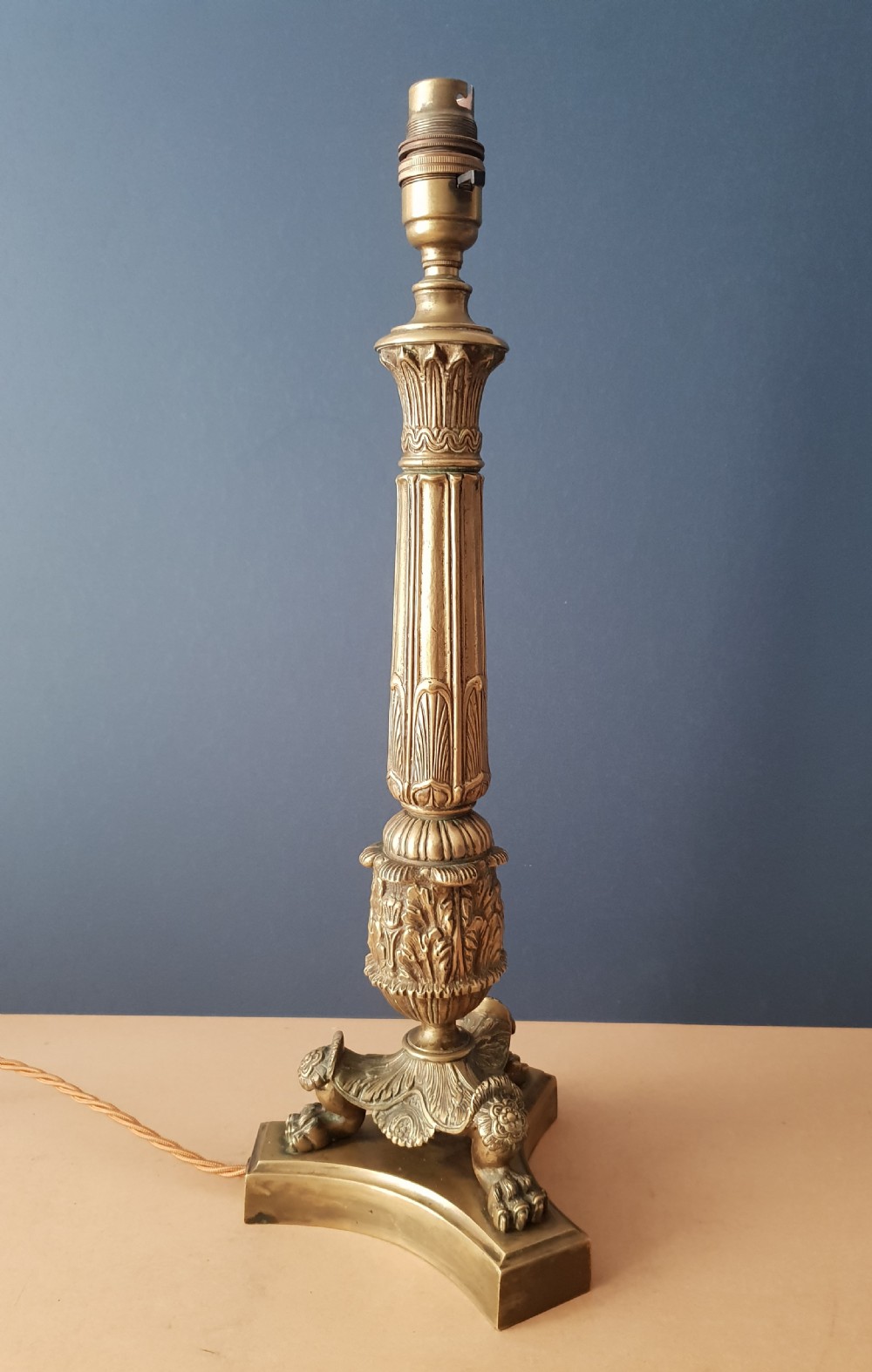 Victorian Brass Column Table Lamp with Decorated Claw Feet, Rewired and PAT tested  View X