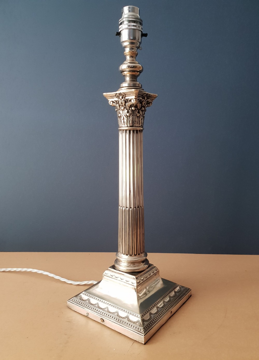 Victorian Large Silver Plated Corinthian Column Table Lamp, Rewired and PAT tested 