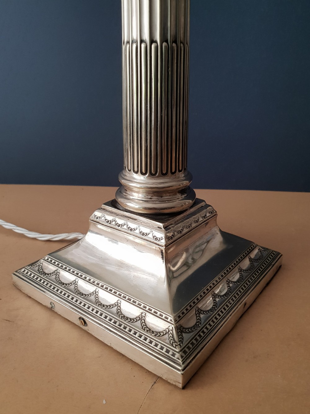 Victorian Large Silver Plated Corinthian Column Table Lamp, Rewired and PAT tested  View II