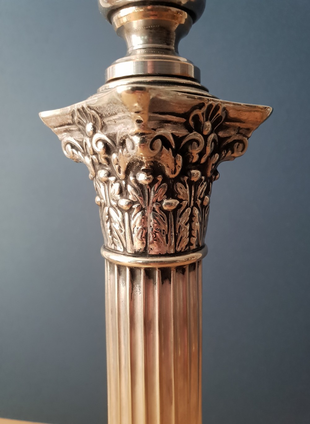 Victorian Large Silver Plated Corinthian Column Table Lamp, Rewired and PAT tested  View III