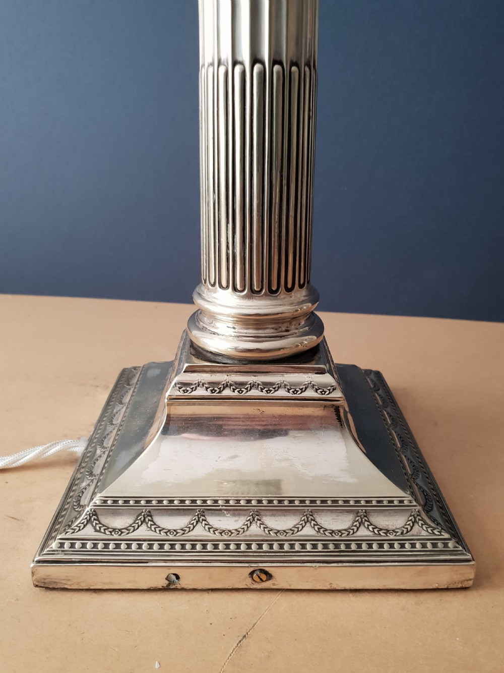 Victorian Large Silver Plated Corinthian Column Table Lamp, Rewired and PAT tested  View IV