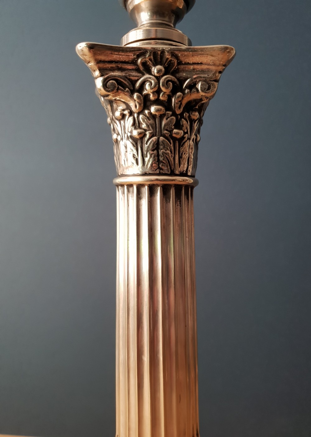 Victorian Large Silver Plated Corinthian Column Table Lamp, Rewired and PAT tested  View VIII