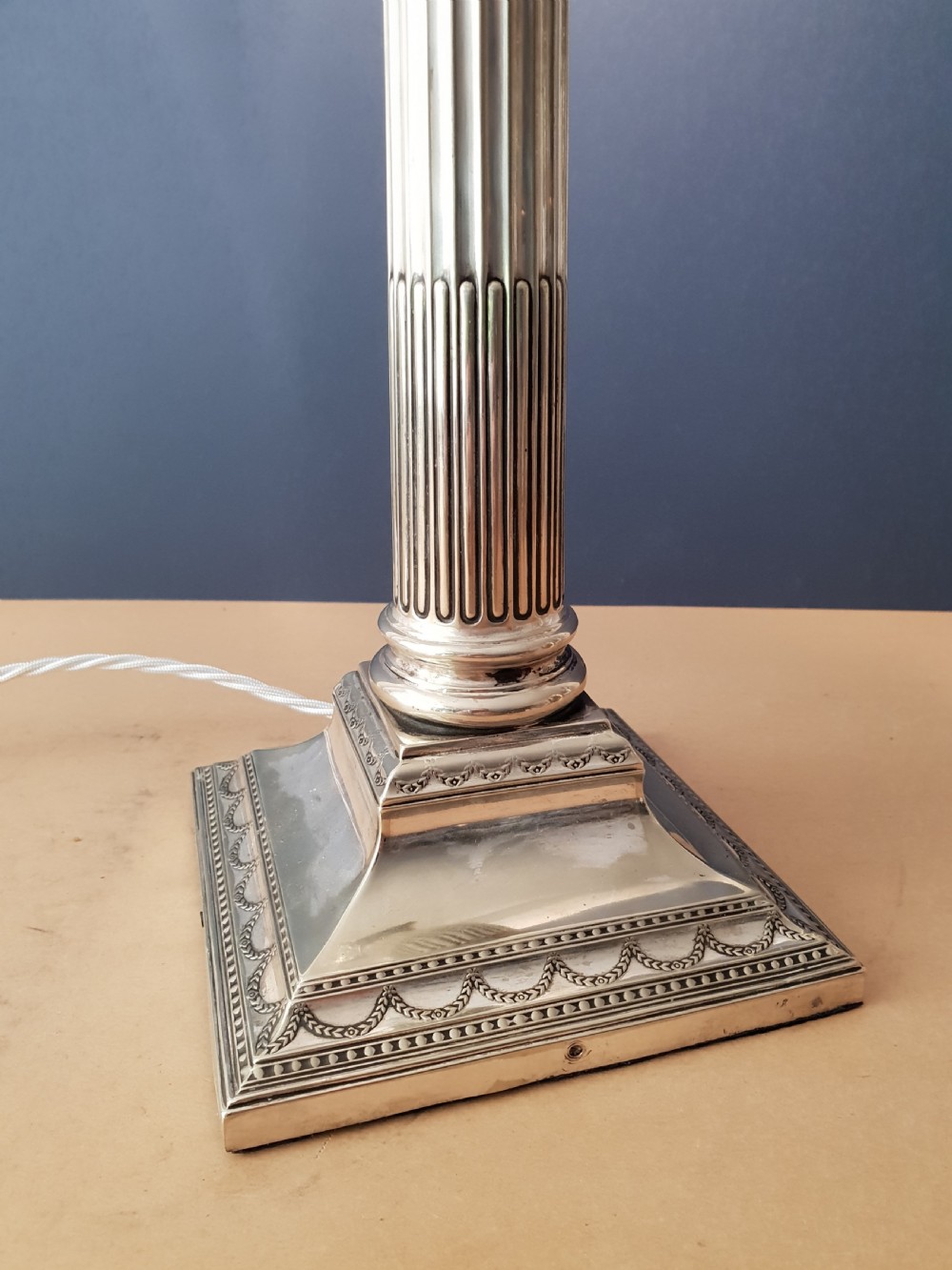 Victorian Large Silver Plated Corinthian Column Table Lamp, Rewired and PAT tested  View IX