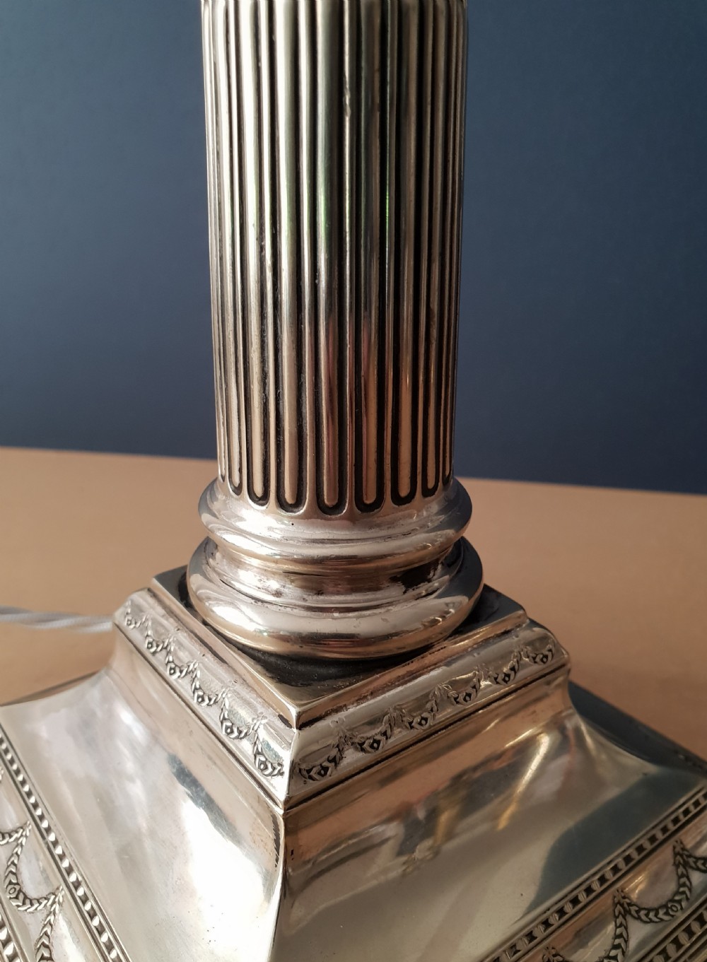 Victorian Large Silver Plated Corinthian Column Table Lamp, Rewired and PAT tested  View XI