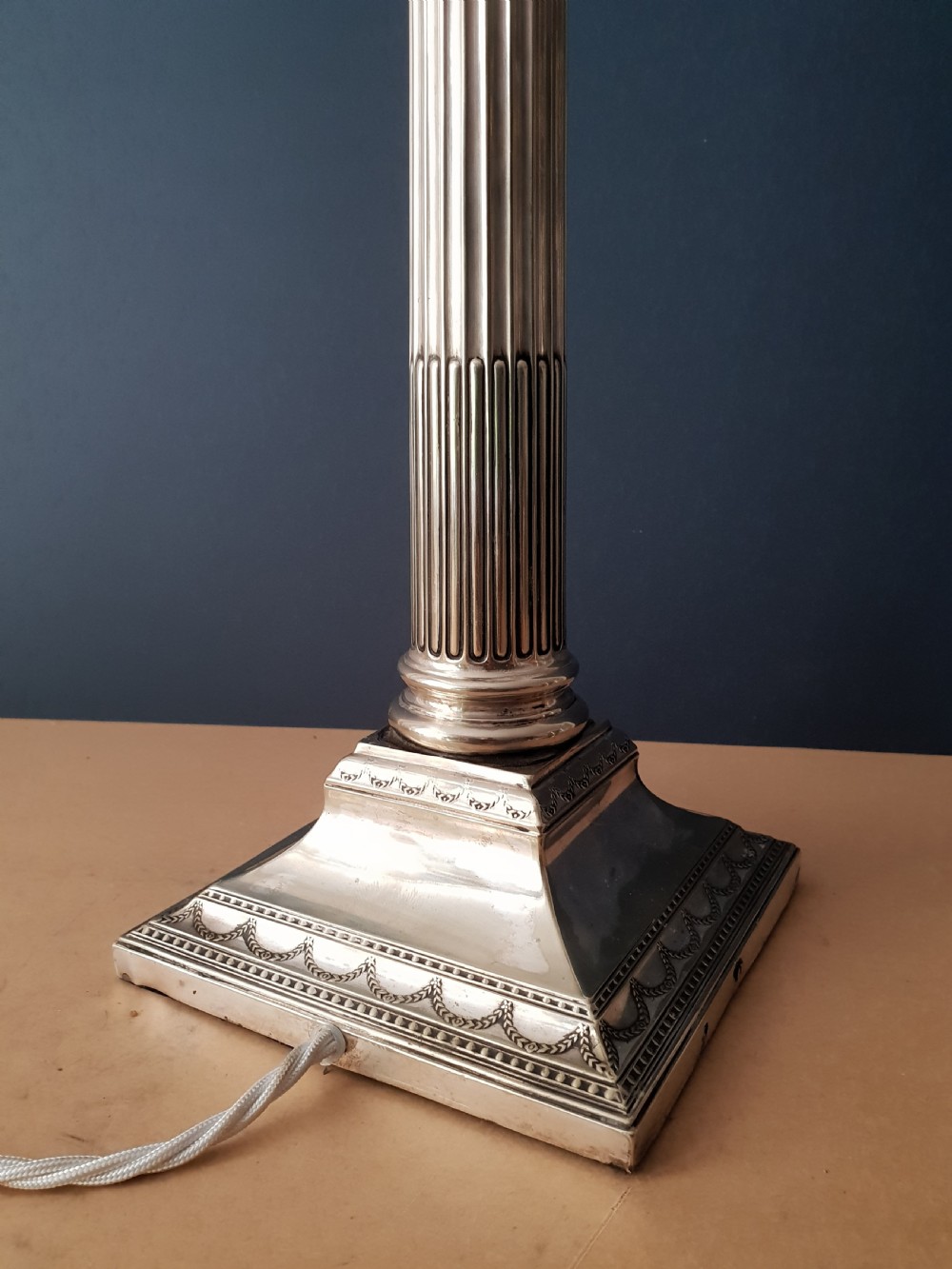 Victorian Large Silver Plated Corinthian Column Table Lamp, Rewired and PAT tested  View XIII