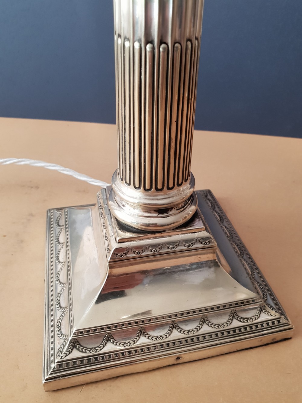 Victorian Large Silver Plated Corinthian Column Table Lamp, Rewired and PAT tested  View XVI