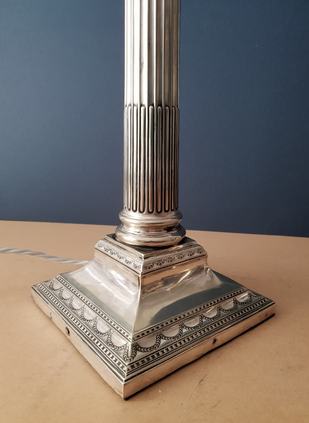 Victorian Large Silver Plated Corinthian Column Table Lamp, Rewired and PAT tested  View XVII