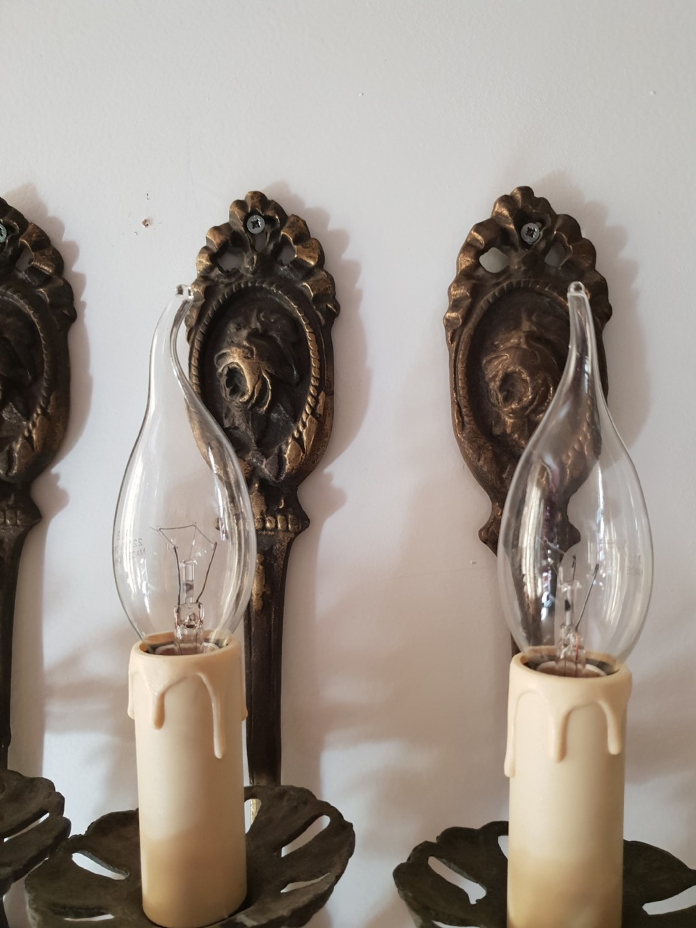 Set of 6 Aged Brass Single Stem Wall Lights, Rewired  View II