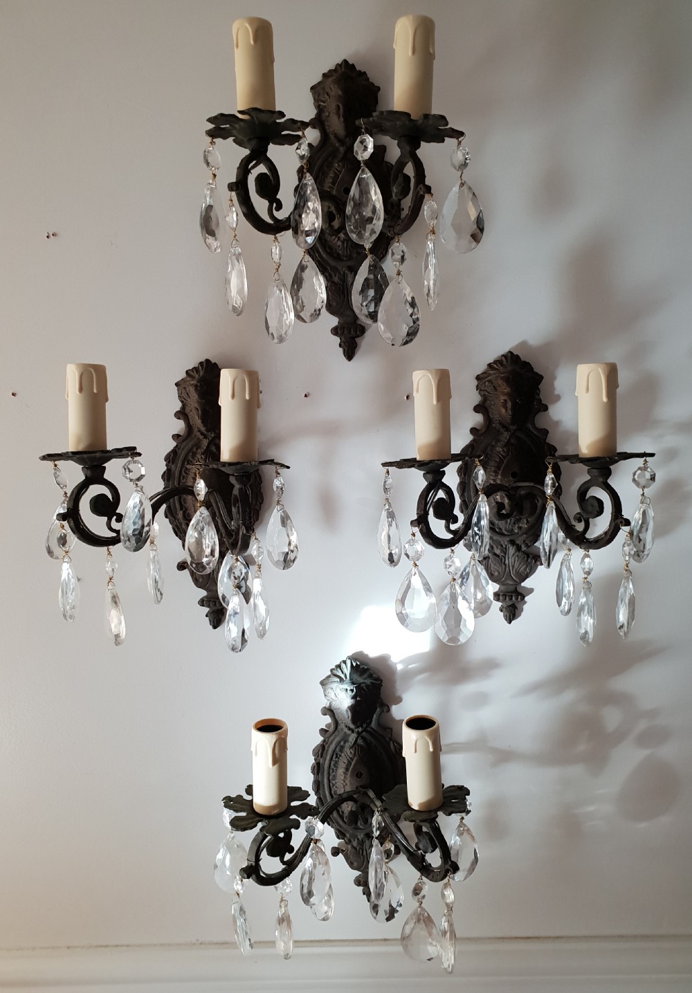 Set of 4 French Aged Brass Classical Face Embossed Wall Lights, Rewired 