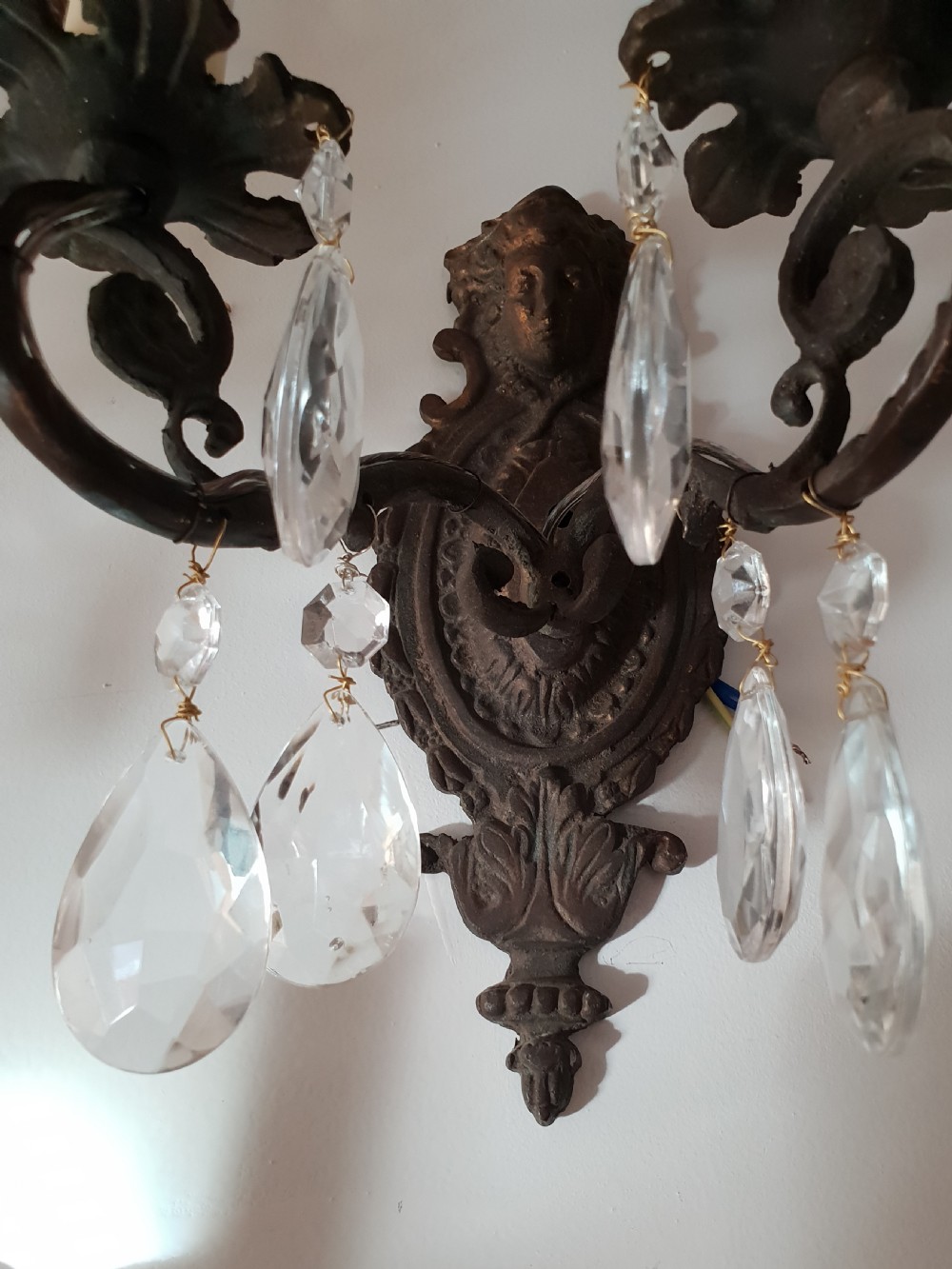 Set of 4 French Aged Brass Classical Face Embossed Wall Lights, Rewired  View II