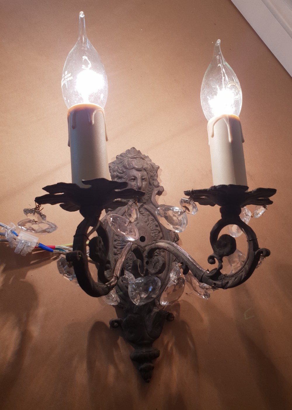 Set of 4 French Aged Brass Classical Face Embossed Wall Lights, Rewired  View V
