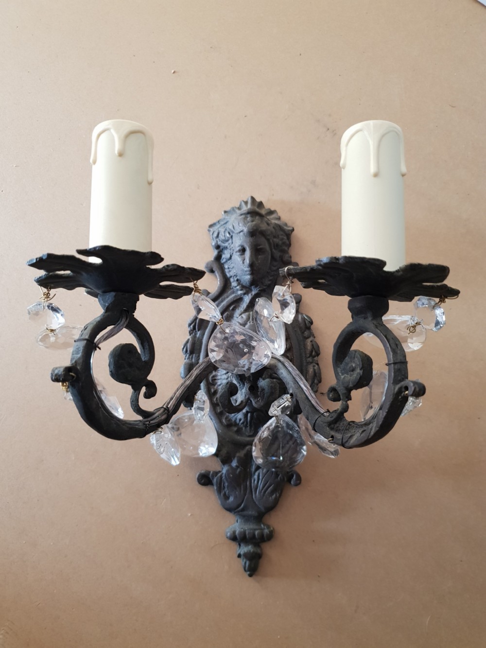 Set of 4 French Aged Brass Classical Face Embossed Wall Lights, Rewired  View VII