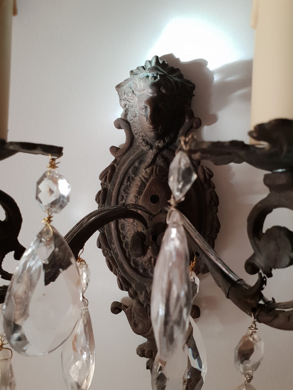 Set of 4 French Aged Brass Classical Face Embossed Wall Lights, Rewired  View IX