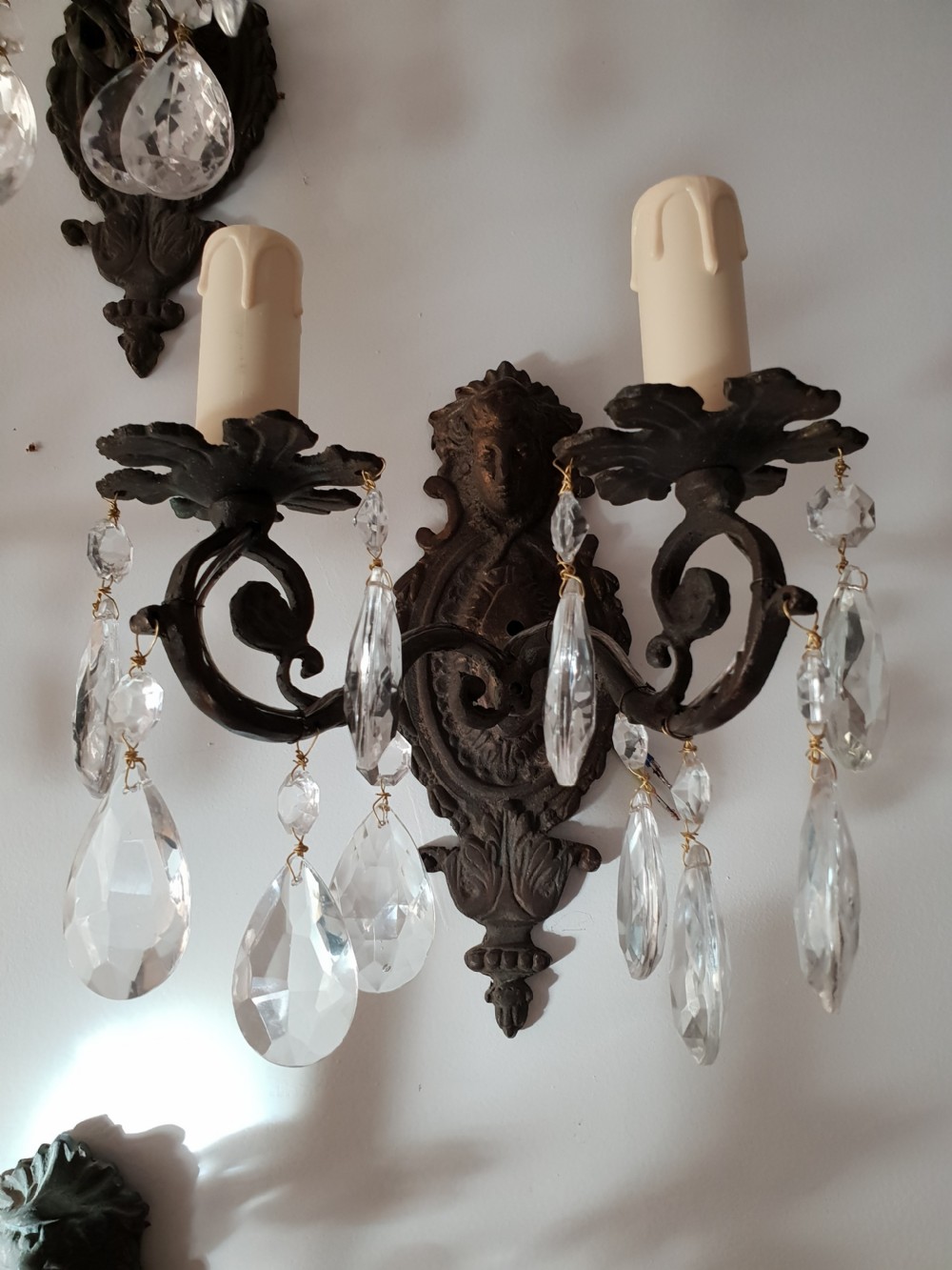 Set of 4 French Aged Brass Classical Face Embossed Wall Lights, Rewired  View XII