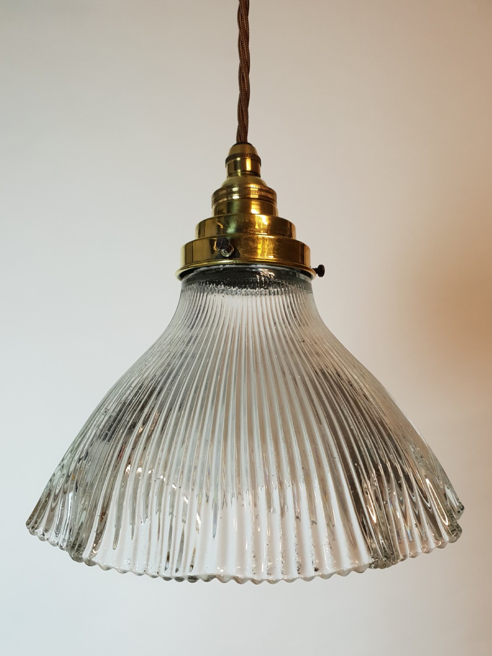 Single Holophane Ceiling Light with Stepped Brass Gallery, Rewired 