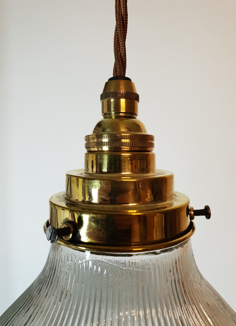 Single Holophane Ceiling Light with Stepped Brass Gallery, Rewired  View II