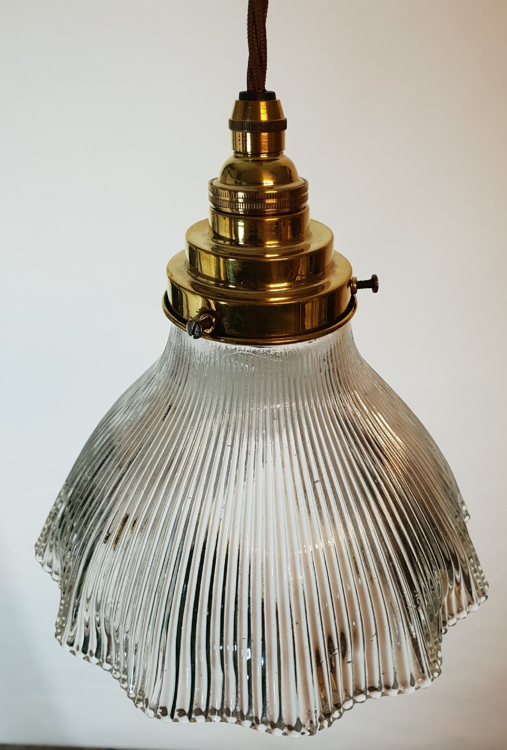 Single Holophane Ceiling Light with Stepped Brass Gallery, Rewired  View IV
