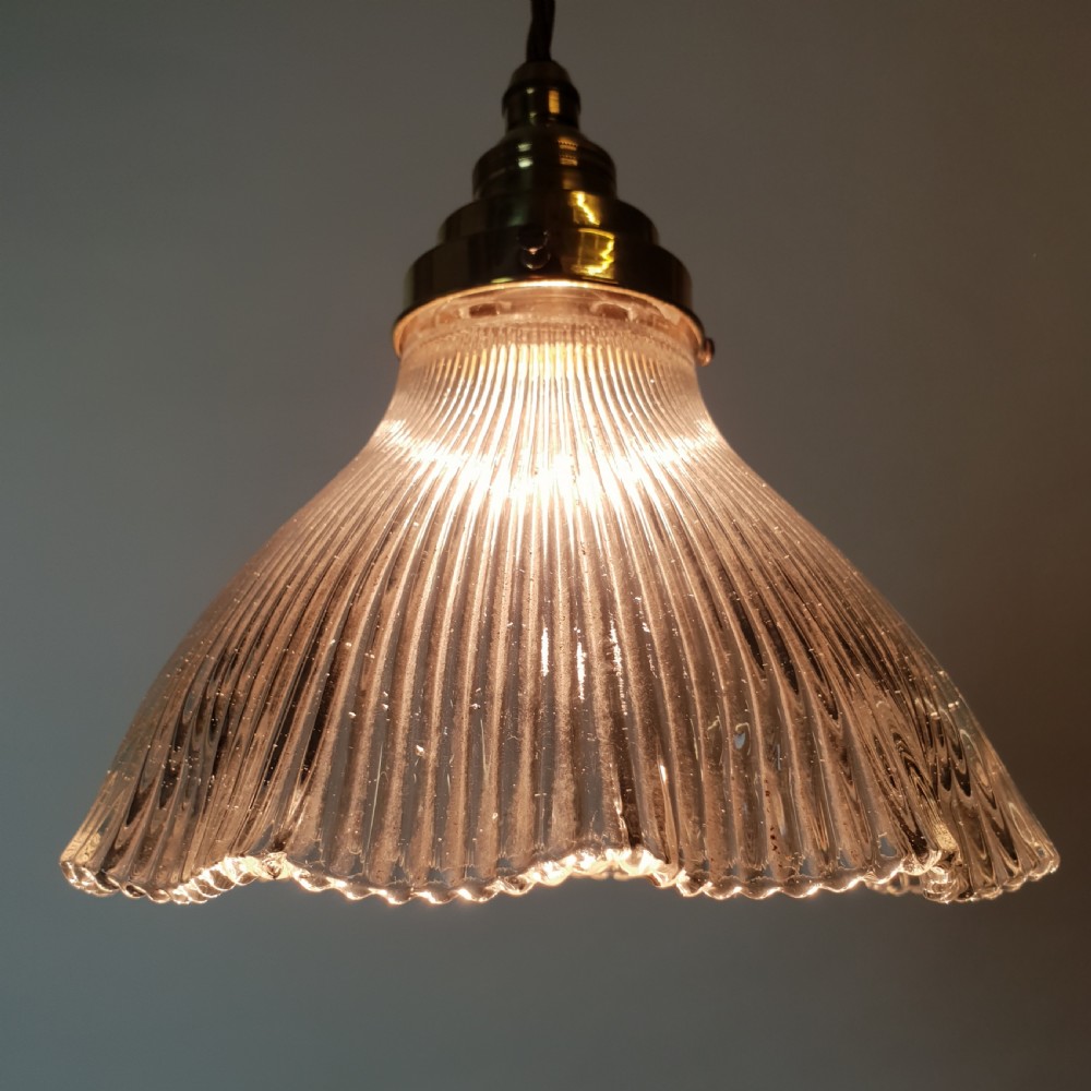 Single Holophane Ceiling Light with Stepped Brass Gallery, Rewired  View VII