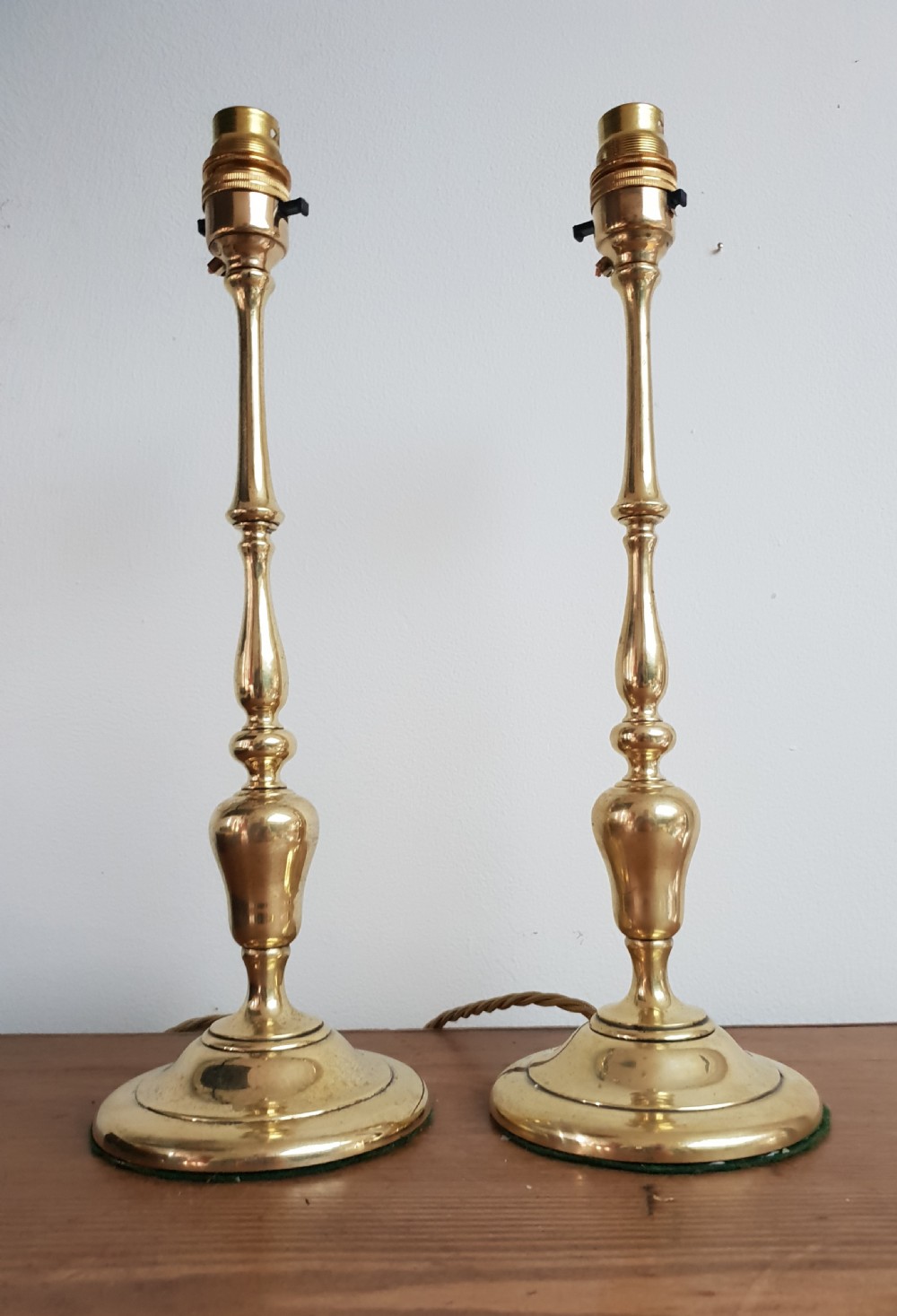 Pair of 1920's Slender Brass Table Lamp Bases, Rewired and PAT tested  View IV