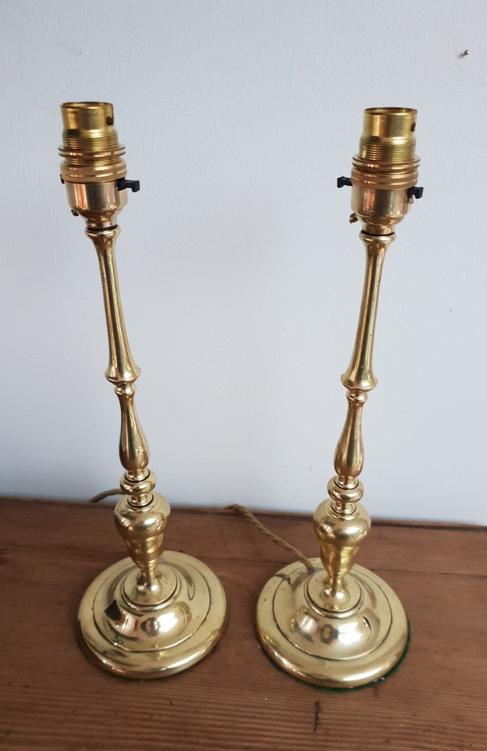 Pair of 1920's Slender Brass Table Lamp Bases, Rewired and PAT tested  View VI