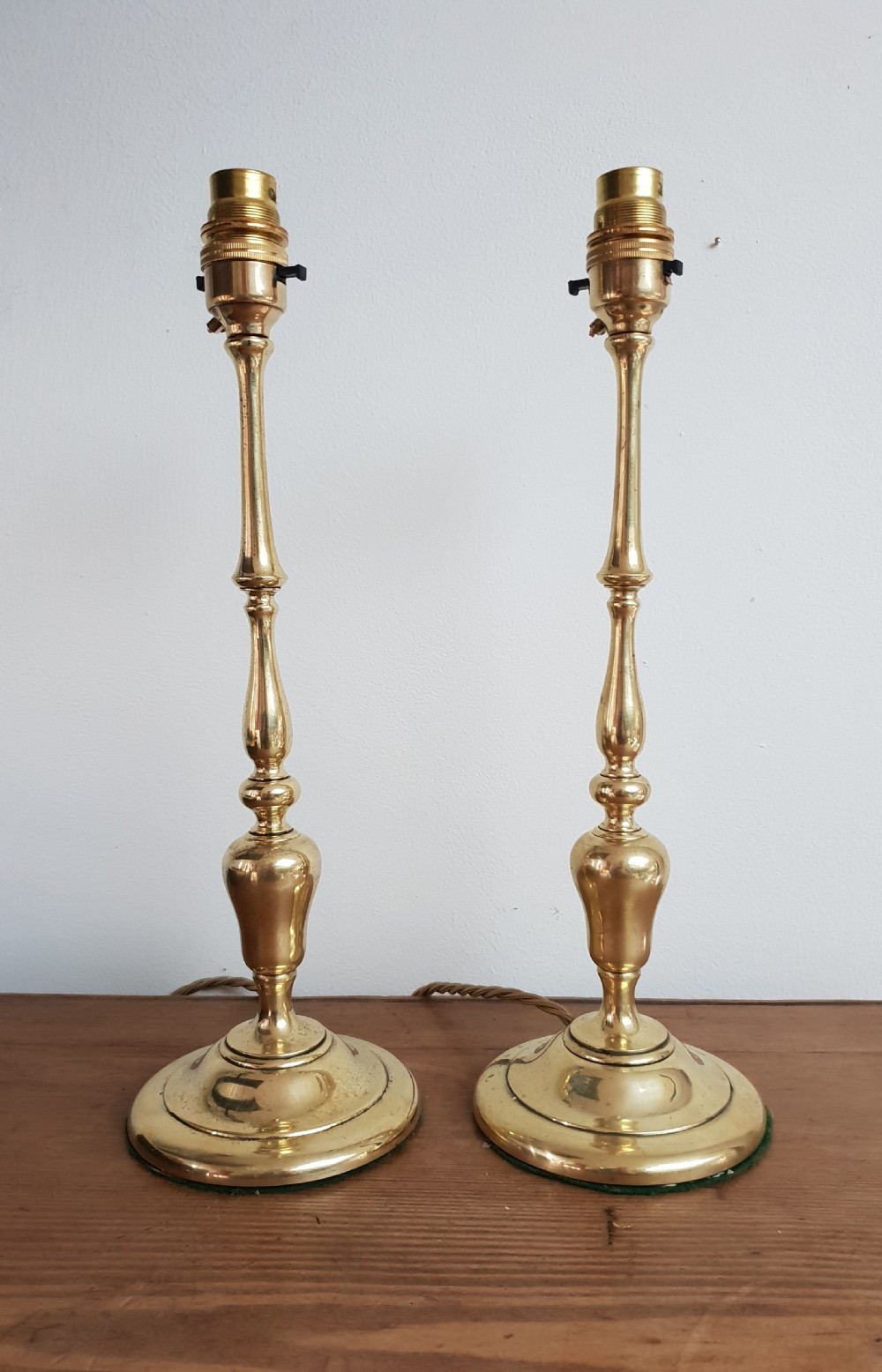 Pair of 1920's Slender Brass Table Lamp Bases, Rewired and PAT tested  View VII