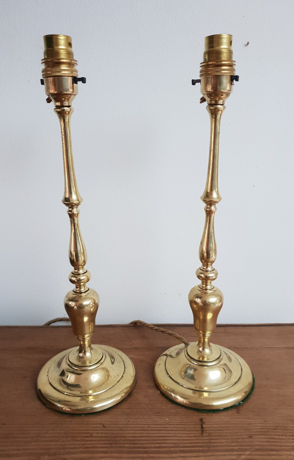 Pair of 1920's Slender Brass Table Lamp Bases, Rewired and PAT tested  View X