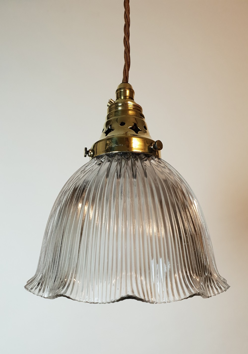 Single Holophane Pendant Ceiling Light with Original Brass Gallery 