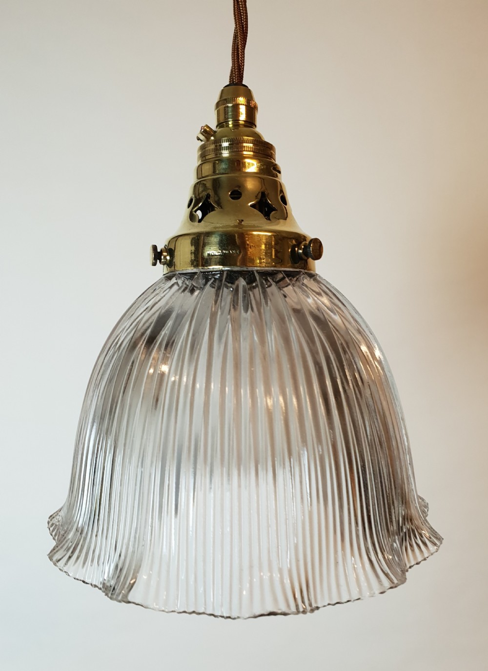 Single Holophane Pendant Ceiling Light with Original Brass Gallery  View IV
