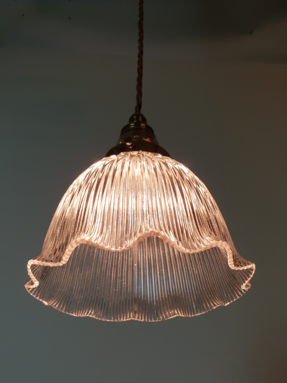 Single Holophane Pendant Ceiling Light with Original Brass Gallery  View VII