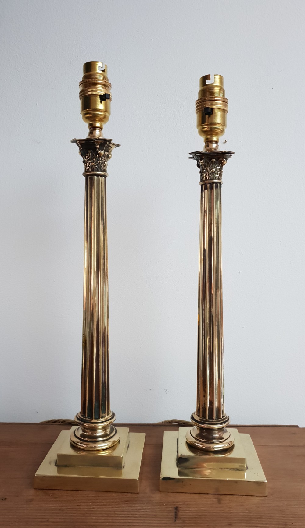 Near Pair of High Quality Brass Corinthian Column Table Lamps, Rewired and PAT tested 