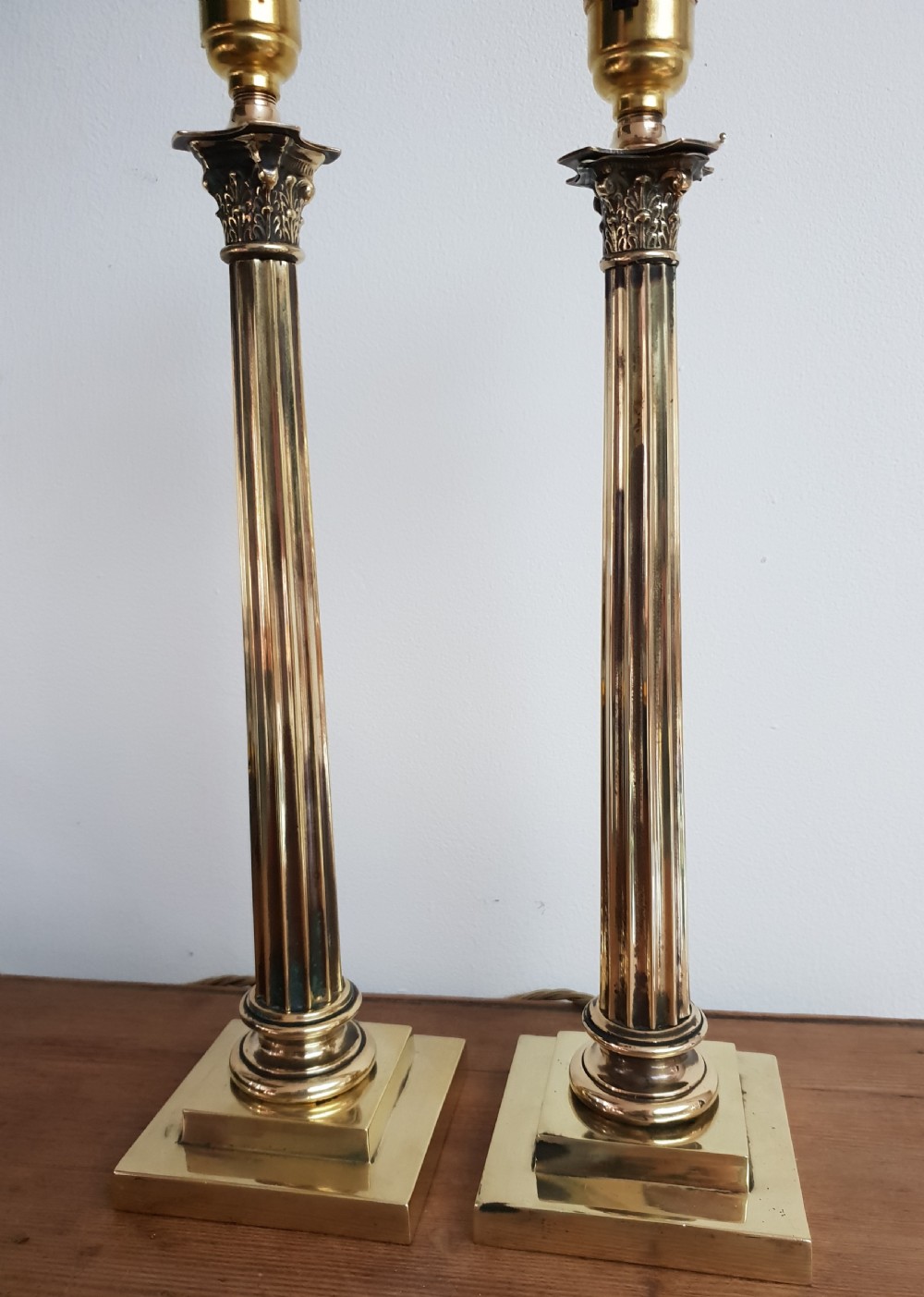 Near Pair of High Quality Brass Corinthian Column Table Lamps, Rewired and PAT tested  View VIII