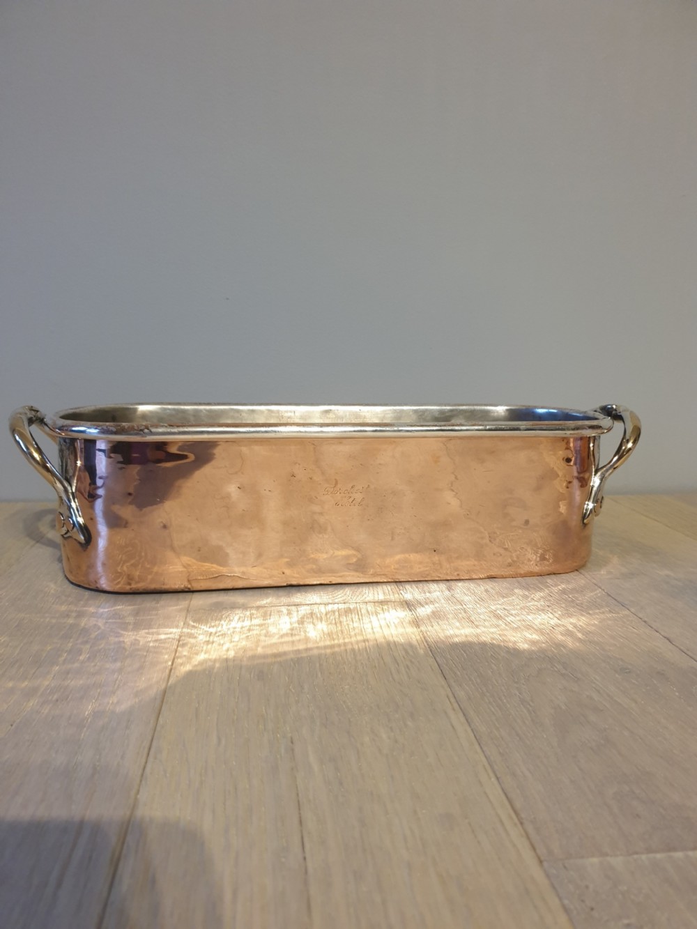 Copper and Silver Plate Fish Kettle from Dorchester Hotel Circa 1920 one of a pair View V