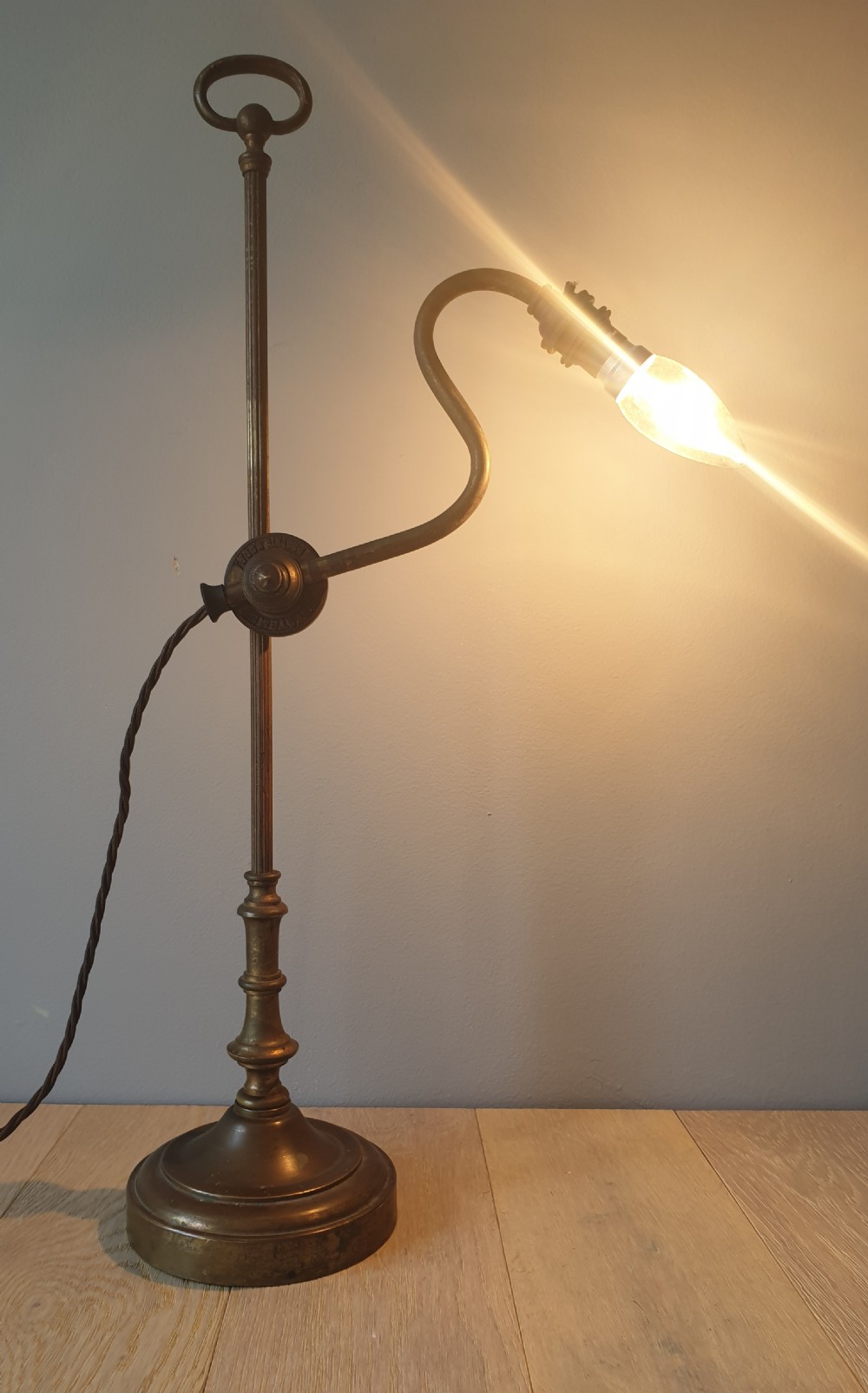 French Brevete Systeme Aged Brass Rise and Fall Table Lamp, Rewired and PAT tested  View IV