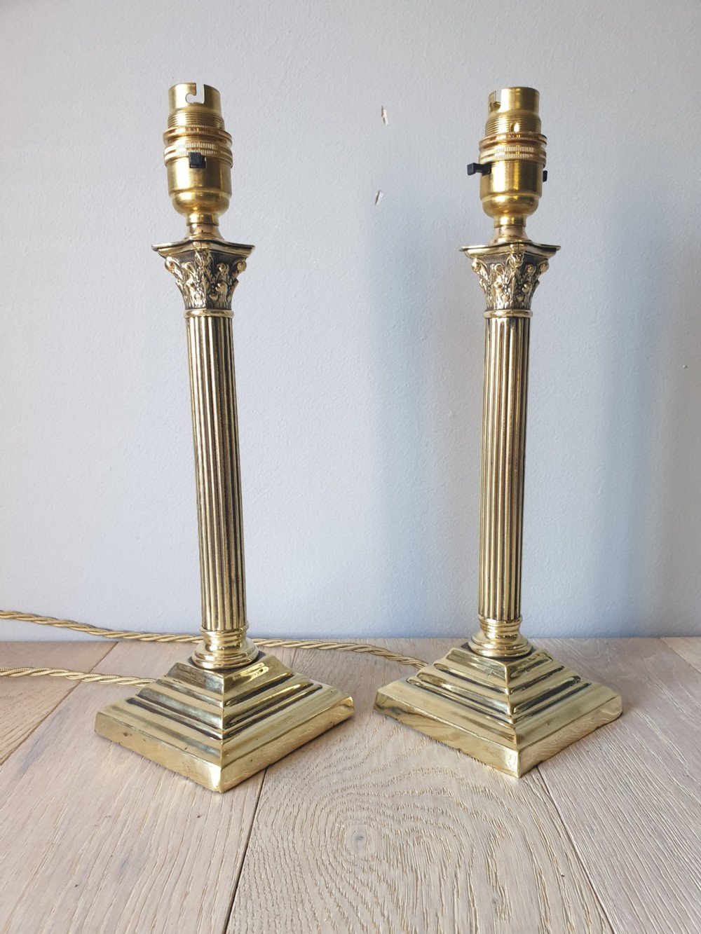 c1910 Pair of Small Corinthian Column Brass Table Lamps, Rewired and PAT tested 