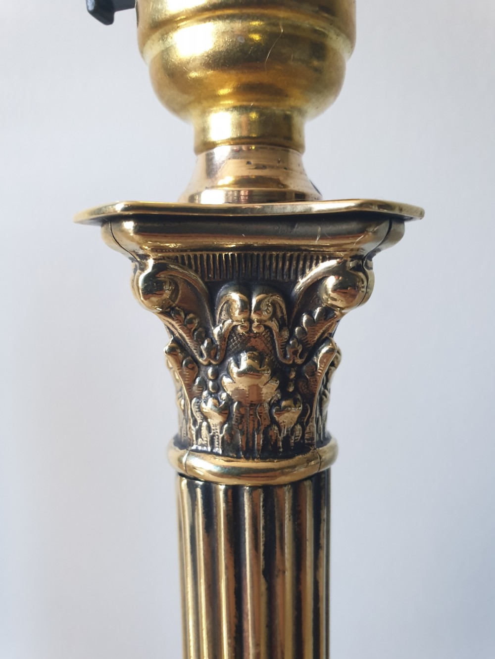 c1910 Pair of Small Corinthian Column Brass Table Lamps, Rewired and PAT tested  View IV