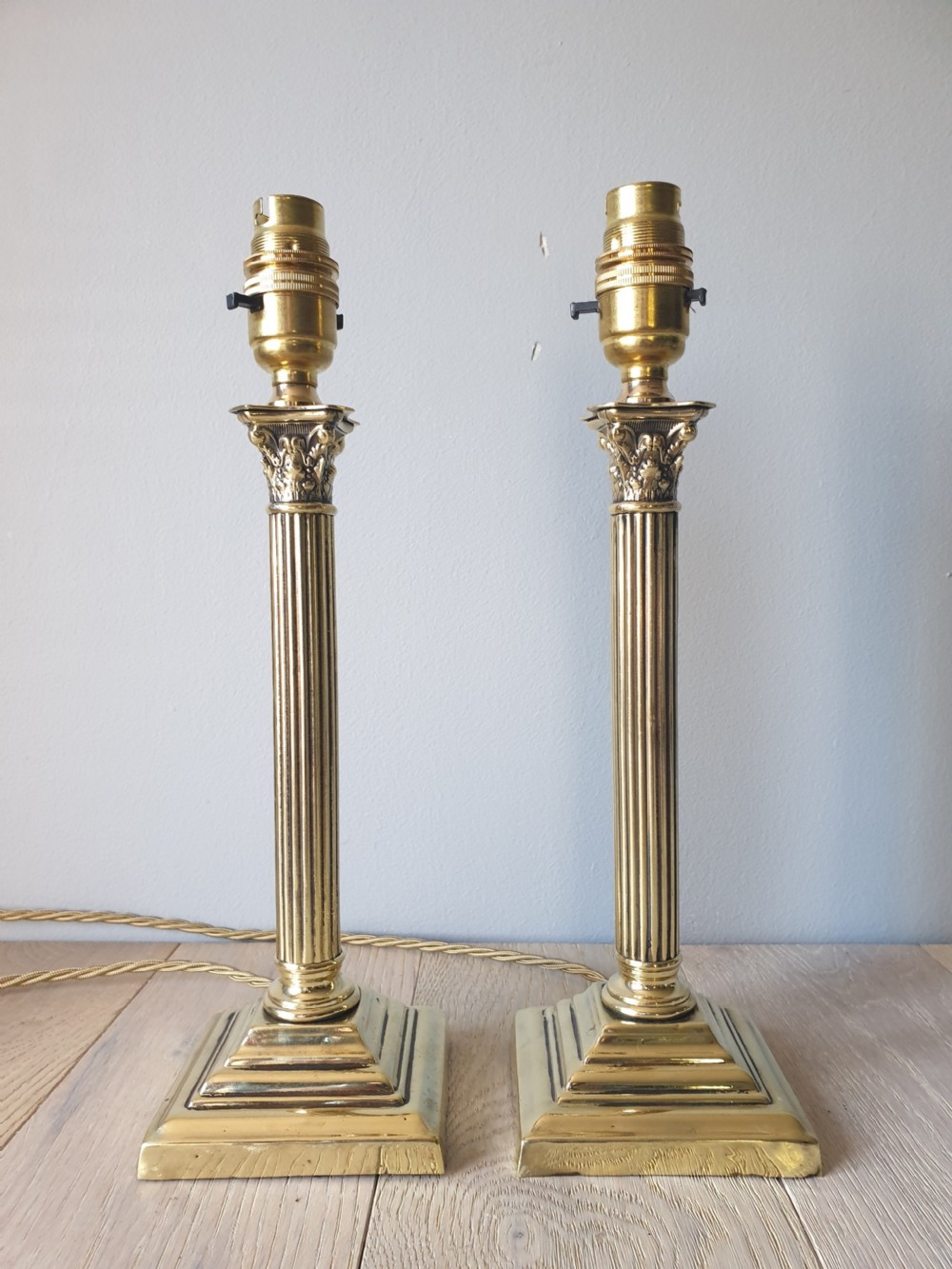 c1910 Pair of Small Corinthian Column Brass Table Lamps, Rewired and PAT tested  View VI