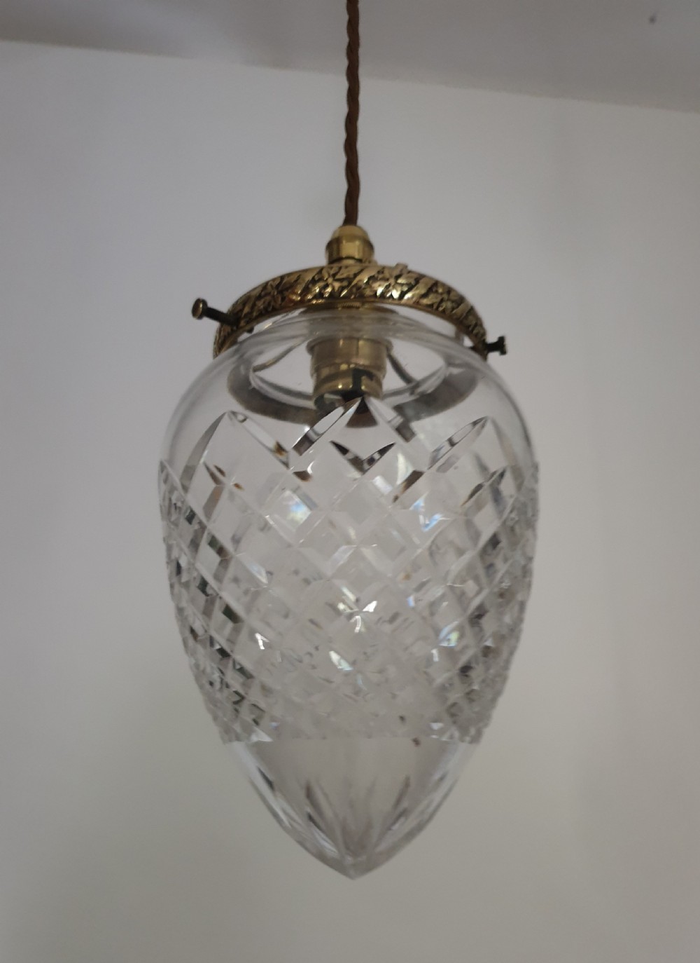 Cut Glass Crystal Ceiling Light with Decorative Polished Brass Gallery, Rewired  View III