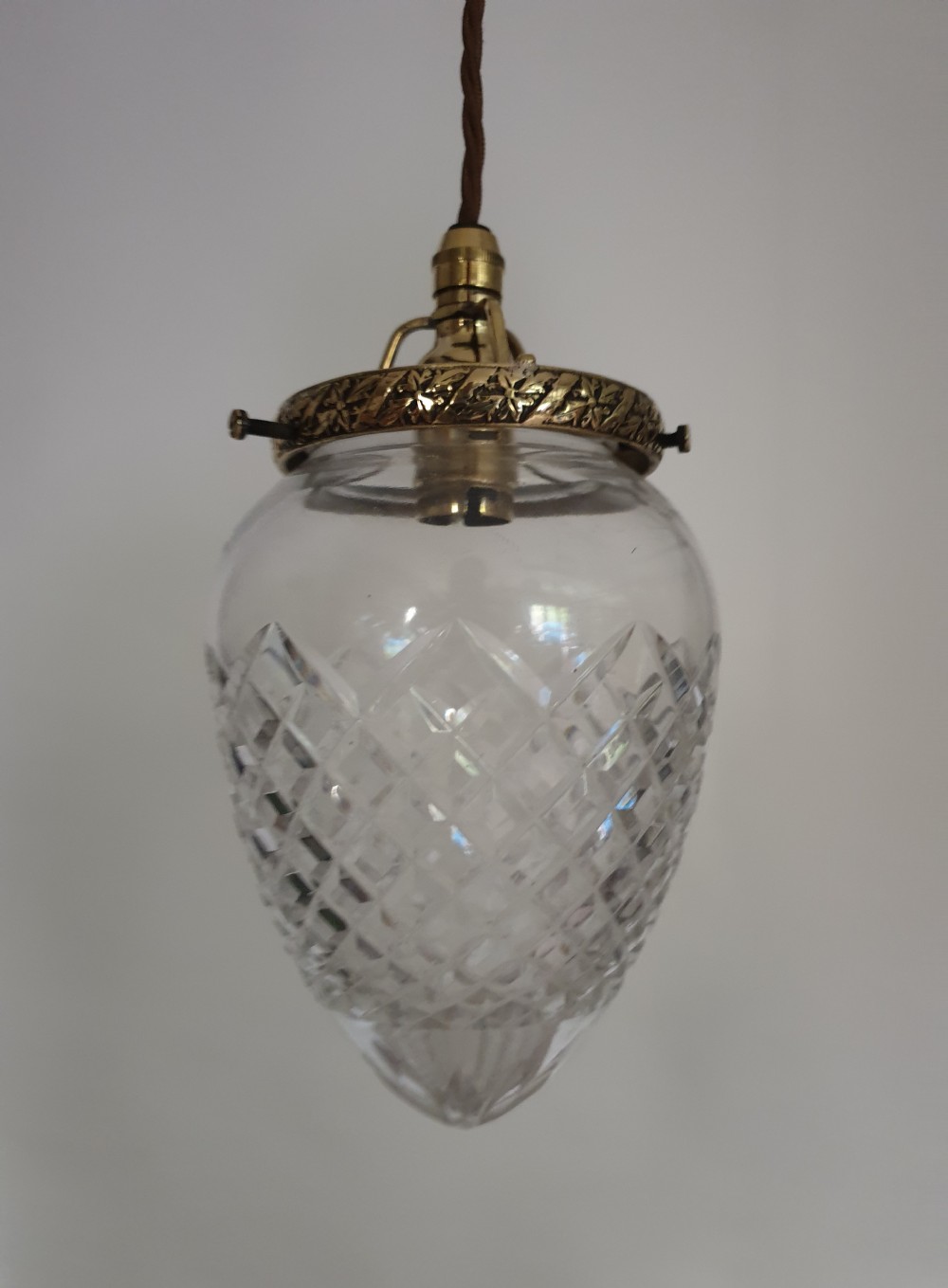 Cut Glass Crystal Ceiling Light with Decorative Polished Brass Gallery, Rewired 