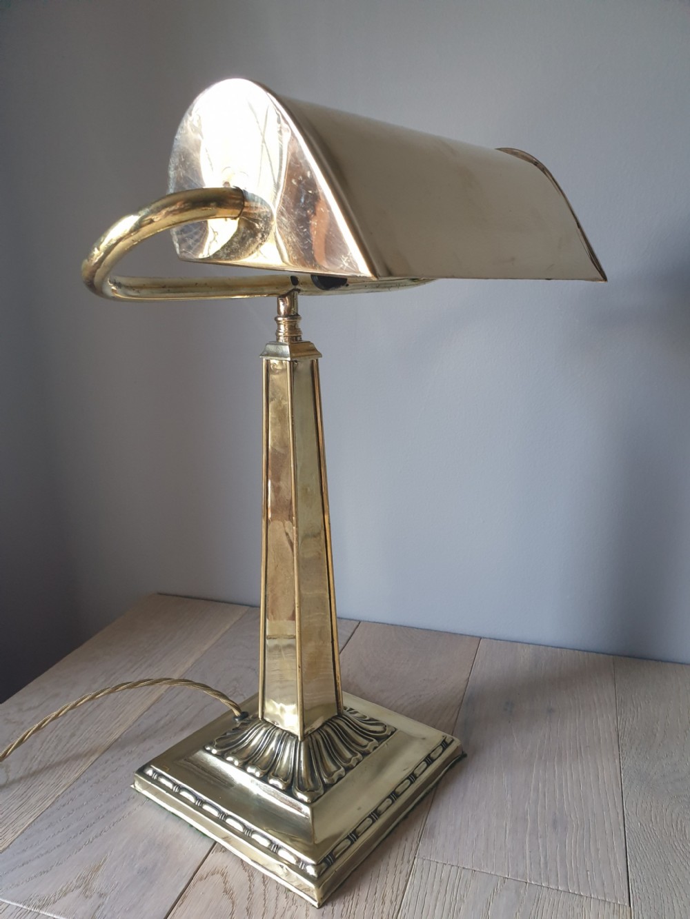 c1910 Brass Bankers Desk Lamp, Rewired and PAT tested  View XI