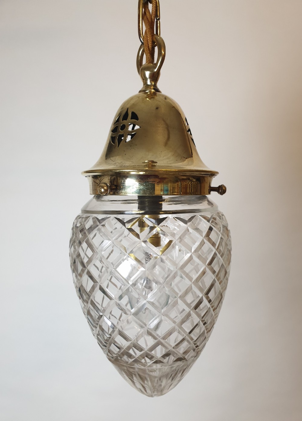 c1910 Cut Crystal Glass Ceiling Pendant Light with Original Gallery, Rewired 