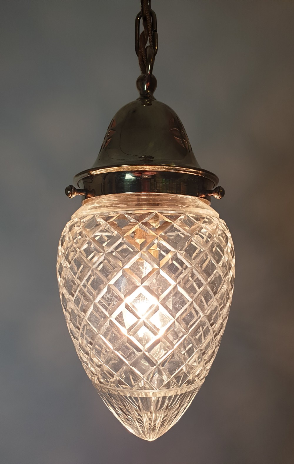 c1910 Cut Crystal Glass Ceiling Pendant Light with Original Gallery, Rewired  View III