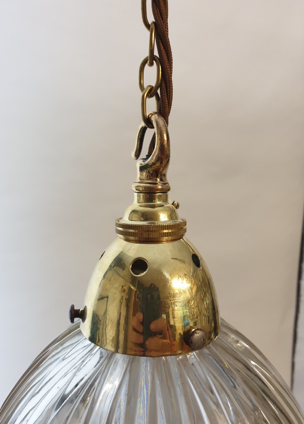 c1910 Holophane Ceiling Light with Original Brass Gallery, Rewired  View III